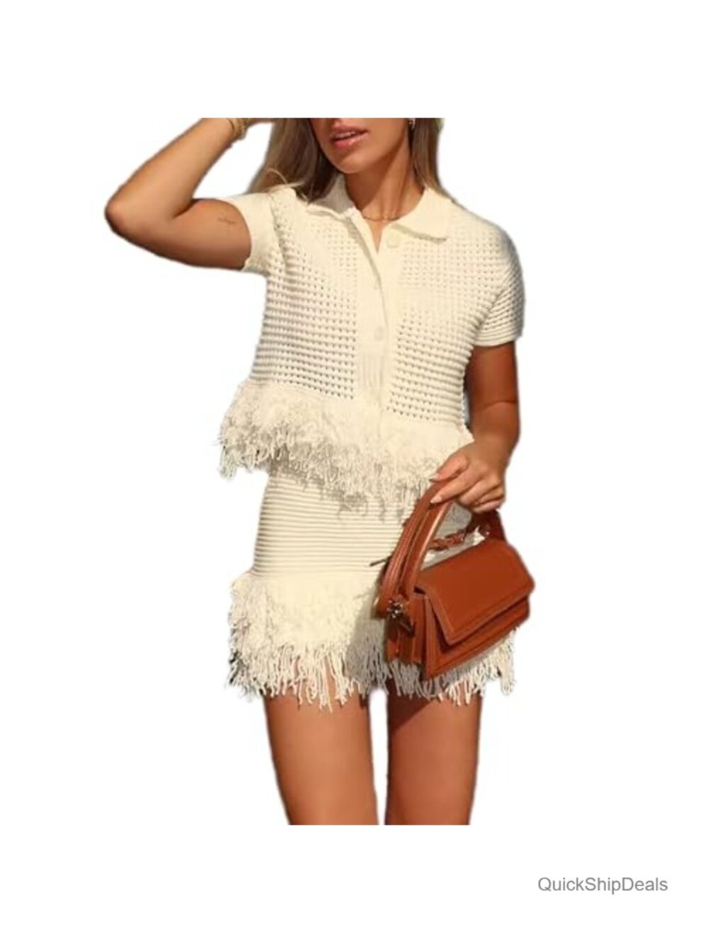 Crochet Knit Top and Mini Skirt Set Short Sleeve Casual Vacation Outfit